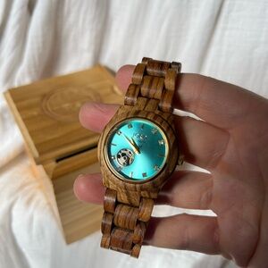 Jord Cora series zebrawood and turquoise automatic wood watch